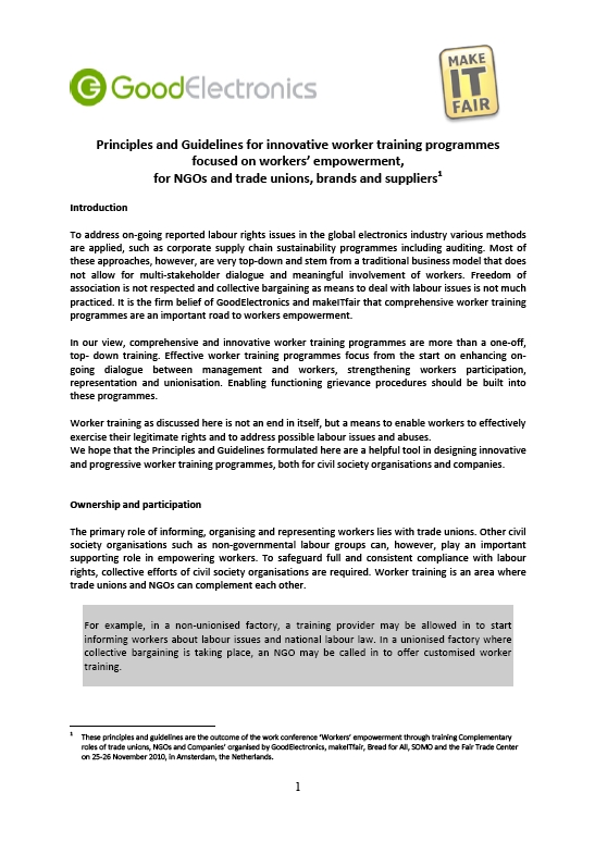 publication cover - Principles and Guidelines for innovative worker training programmes