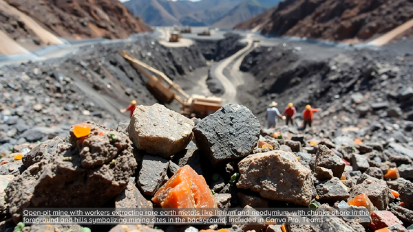 Open-pit mine with workers extracting rare earth metals like lithium and neodymium, with chunks of ore in the foreground and hills symbolizing mining sites in the background, included in Canva Pro, Teams.