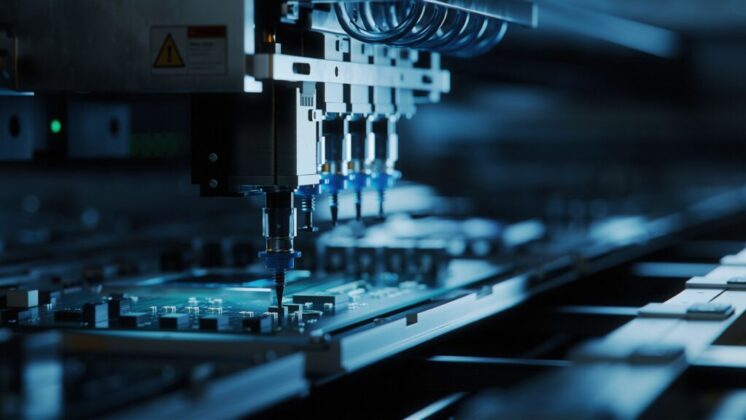 An SMT (Surface Mount Technology) production line machine, specifically a pick-and-place robot assembling a printed circuit board (PCB).