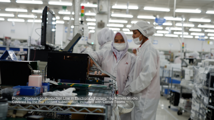 Workers on Production Line in Electronics Factory wearing masks and bunny suit